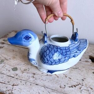 Vintage Blue and White Porcelain Duck Teapot Hand Painted Wicker Handle China
